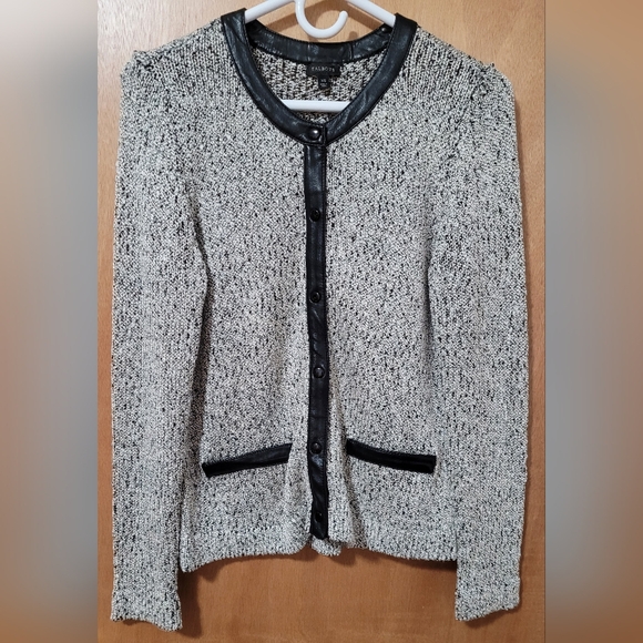 Talbots Black and Silver Button Up Cardigan Jacket Black Faux Leather Trim XS - Picture 1 of 11